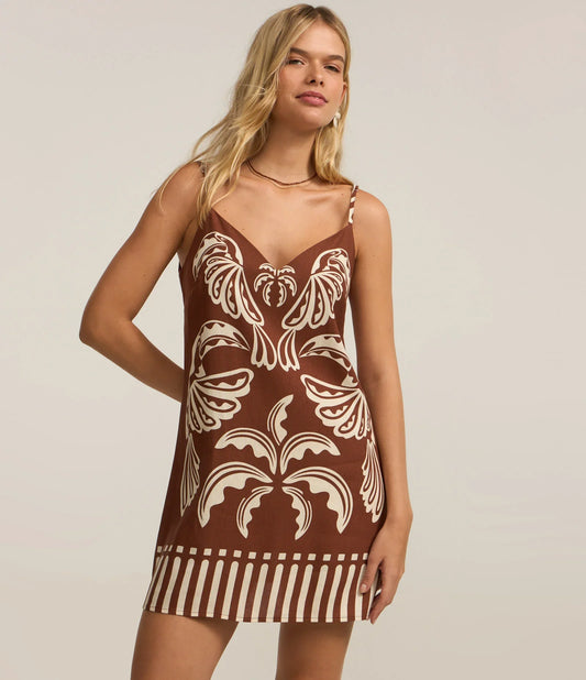 Vestido Curto em Viscose e Linho com Estampa Folhagens Marrom
